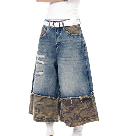 TALKLESSFASHION BLACKLISTS American retro camouflage stitching destruction denim shorts cropped loose wide-leg cropped pants for men and women