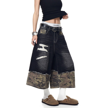 TALKLESSFASHION BLACKLISTS American retro camouflage stitching destruction denim shorts cropped loose wide-leg cropped pants for men and women