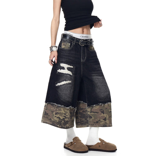 THETLSTUDIO BLACKLISTS American retro camouflage stitching destruction denim shorts cropped loose wide-leg cropped pants for men and women