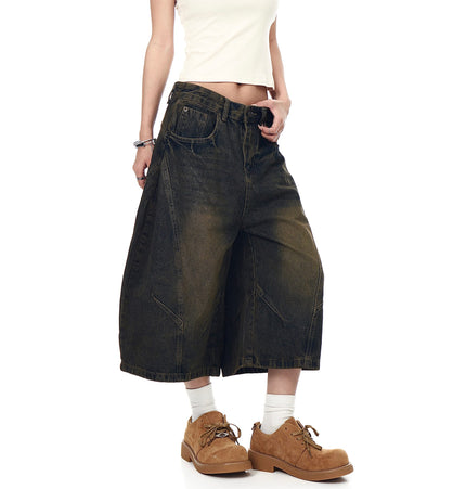 TALKLESSFASHION BLACKLISTS American retro deconstructed silhouette washed scimitar denim shorts cropped wide-leg cropped pants for men and women
