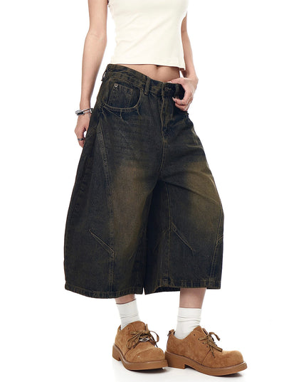 TALKLESSFASHION BLACKLISTS American retro deconstructed silhouette washed scimitar denim shorts cropped wide-leg cropped pants for men and women