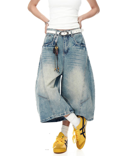 TALKLESSFASHION BLACKLISTS American retro deconstructed silhouette washed scimitar denim shorts cropped wide-leg cropped pants for men and women