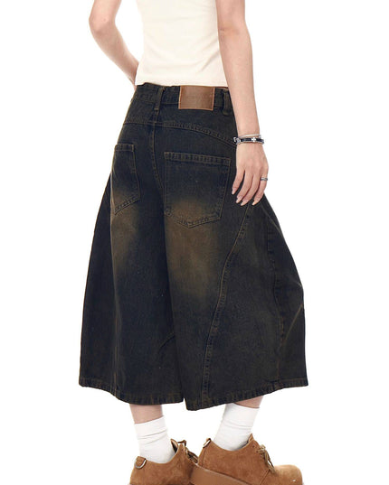TALKLESSFASHION BLACKLISTS American retro deconstructed silhouette washed scimitar denim shorts cropped wide-leg cropped pants for men and women