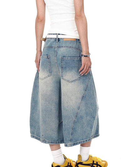 TALKLESSFASHION BLACKLISTS American retro deconstructed silhouette washed scimitar denim shorts cropped wide-leg cropped pants for men and women