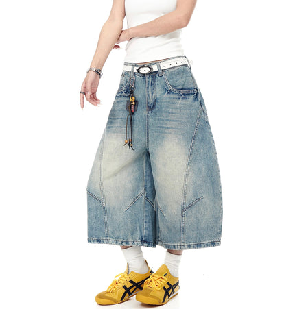 TALKLESSFASHION BLACKLISTS American retro deconstructed silhouette washed scimitar denim shorts cropped wide-leg cropped pants for men and women