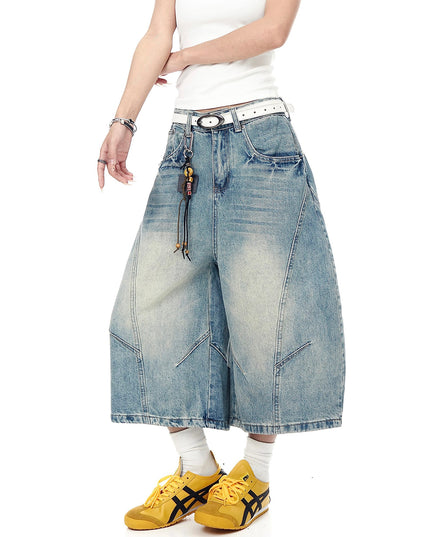 TALKLESSFASHION BLACKLISTS American retro deconstructed silhouette washed scimitar denim shorts cropped wide-leg cropped pants for men and women