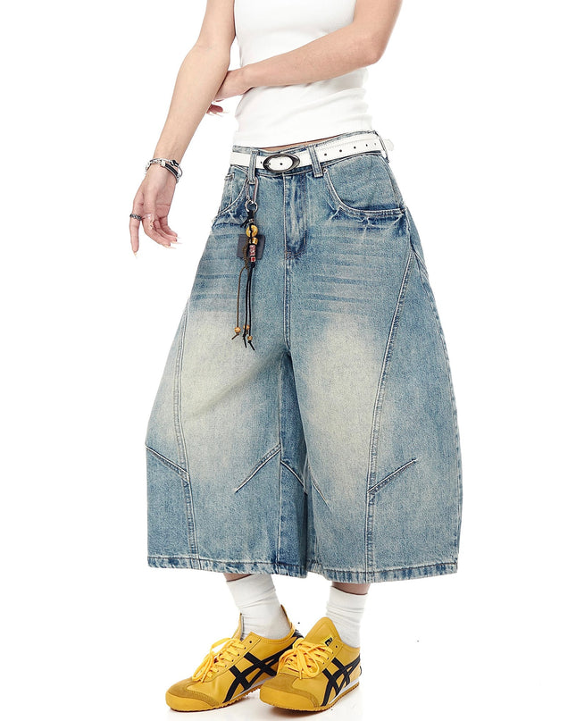 TALKLESSFASHION BLACKLISTS American retro deconstructed silhouette washed scimitar denim shorts cropped wide-leg cropped pants for men and women
