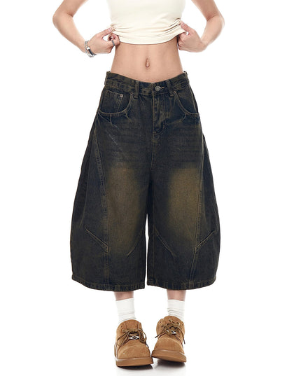 TALKLESSFASHION BLACKLISTS American retro deconstructed silhouette washed scimitar denim shorts cropped wide-leg cropped pants for men and women
