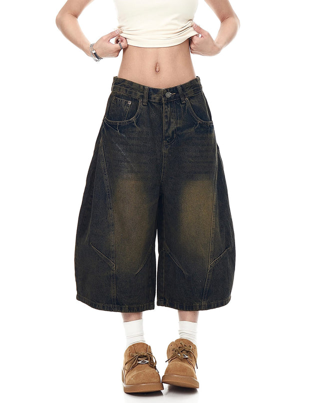 TALKLESSFASHION BLACKLISTS American retro deconstructed silhouette washed scimitar denim shorts cropped wide-leg cropped pants for men and women