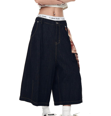 TALKLESSFASHION BLACKLISTS American Retro Detachable Square Scarf Natural Color Denim Shorts Men's and Women's Straight Wide-Leg Cropped Pants Summer