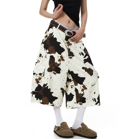 THETLSTUDIO BLACKLISTS American vintage distressed cow print camouflage workwear cropped pants men's and women's scimitar wide-leg shorts summer