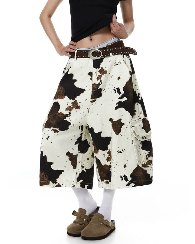 TALKLESSFASHION BLACKLISTS American vintage distressed cow print camouflage workwear cropped pants men's and women's scimitar wide-leg shorts summer