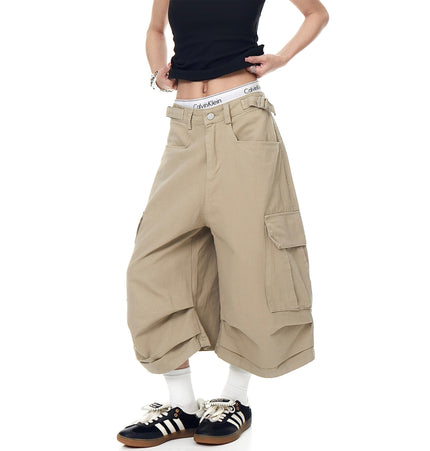 THETLSTUDIO BLACKLISTS AMERICAN VINTAGE PLEATED MULTI-POCKET CARGO SHORTS MEN'S AND WOMEN'S SUMMER LOOSE WIDE-LEG CROPPED PANTS