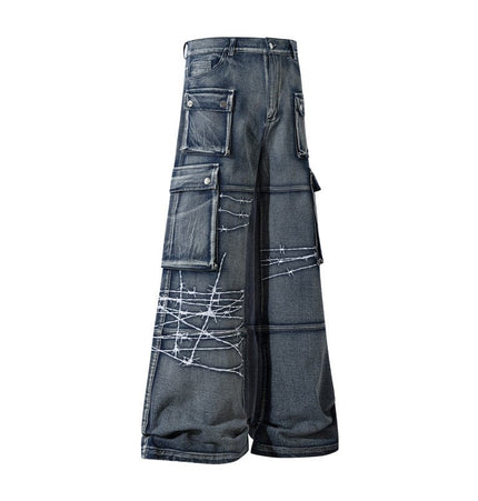 TALKLESSFASHION Blue / L Embroidery RockTrail Explorer Jeans—7316