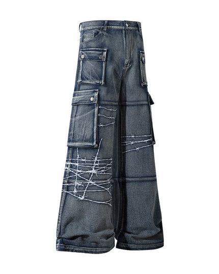 TALKLESSFASHION Blue / L Embroidery RockTrail Explorer Jeans—7316