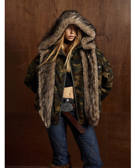 TALKLESSFASHION Camo Pilot Fur Collar Jacket