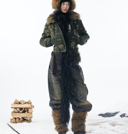 TALKLESSFASHION Camo Wash Detachable Fur Jacket