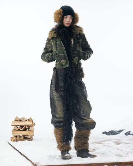 TALKLESSFASHION Camo Wash Detachable Fur Jacket