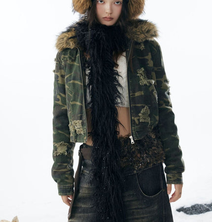TALKLESSFASHION Camo Wash Detachable Fur Jacket