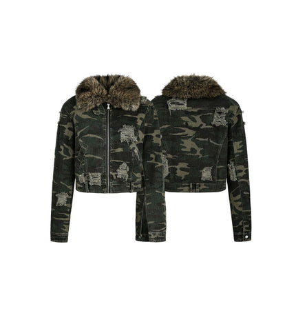 TALKLESSFASHION Camo Wash Detachable Fur Jacket