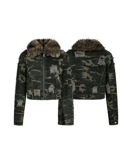 TALKLESSFASHION Camo Wash Detachable Fur Jacket