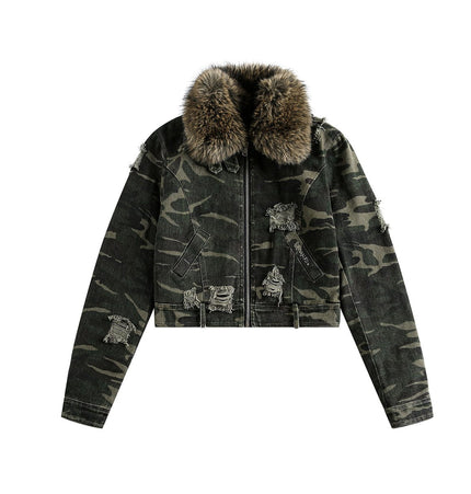 TALKLESSFASHION Camo Wash Detachable Fur Jacket