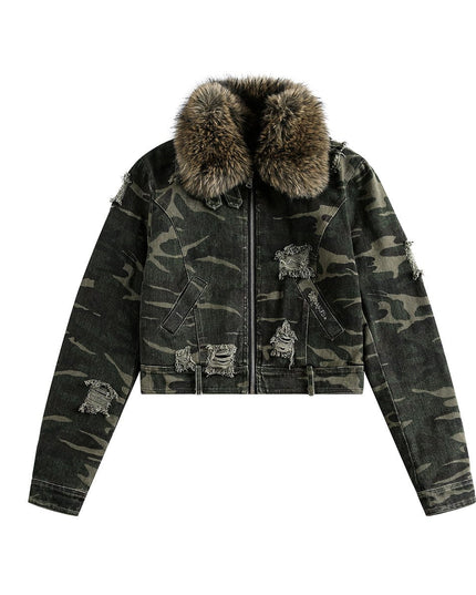 TALKLESSFASHION Camo Wash Detachable Fur Jacket