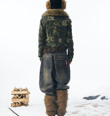 TALKLESSFASHION Camo Wash Detachable Fur Jacket
