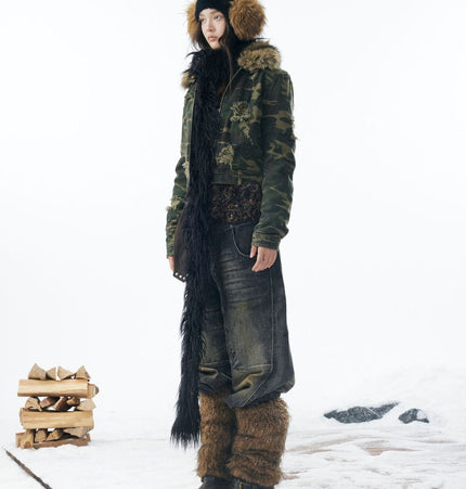 TALKLESSFASHION Camo Wash Detachable Fur Jacket