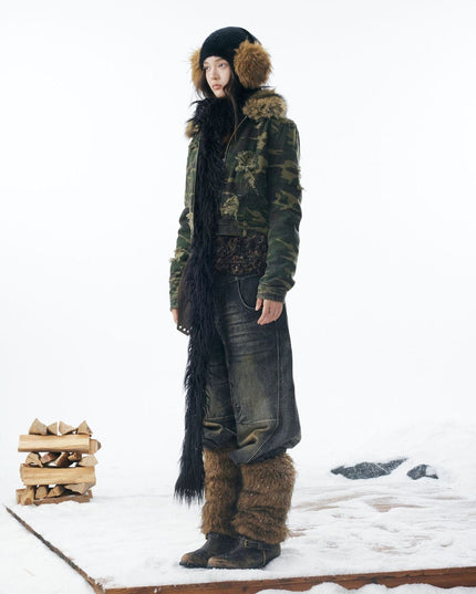 TALKLESSFASHION Camo Wash Detachable Fur Jacket