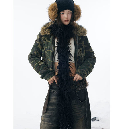 TALKLESSFASHION Camo Wash Detachable Fur Jacket