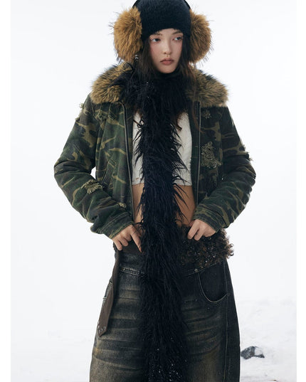 TALKLESSFASHION Camo Wash Detachable Fur Jacket