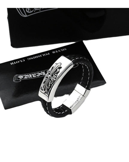 TALKLESSFASHION CH Croling Crusader Flower Leather Bracelet Thai Silver Personality Cross Bracelet Vintage Old Men and Women Couple Bracelet