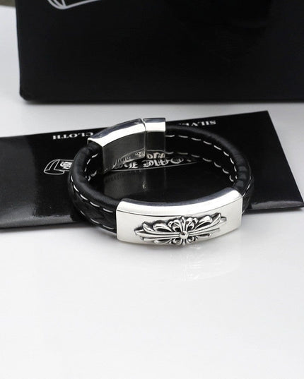 TALKLESSFASHION CH Croling Crusader Flower Leather Bracelet Thai Silver Personality Cross Bracelet Vintage Old Men and Women Couple Bracelet