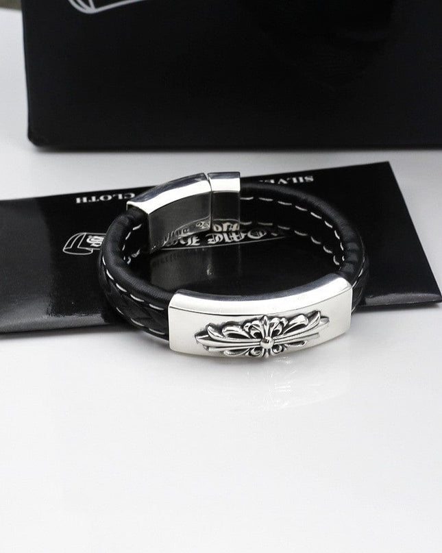 TALKLESSFASHION CH Croling Crusader Flower Leather Bracelet Thai Silver Personality Cross Bracelet Vintage Old Men and Women Couple Bracelet