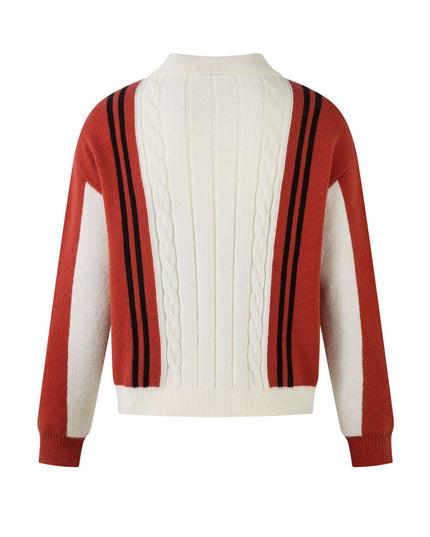 TALKLESSFASHION Color Contrast Long Sleeve Lapel Zipper Sweater —-7089