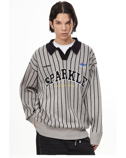 TALKLESSFASHION Dark Grey / S American retro polo collar striped sweater —-7087