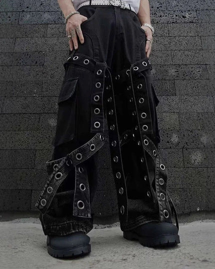 TALKLESSFASHION Dark retro washed shoulder pads ripped denim jacket