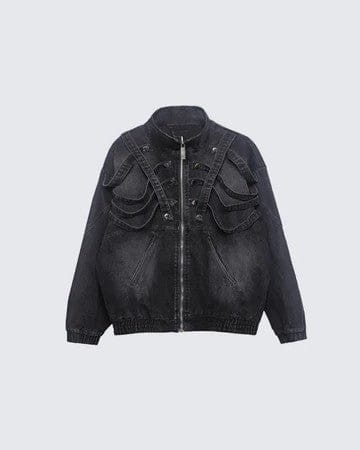 Dark retro washed shoulder pads ripped denim jacket