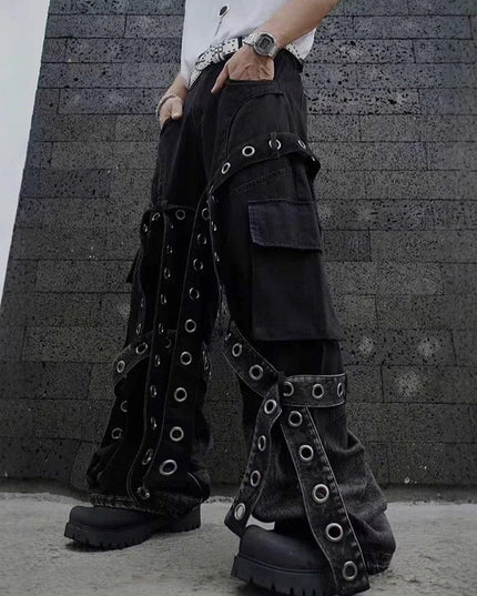 TALKLESSFASHION Dark retro washed shoulder pads ripped denim jacket
