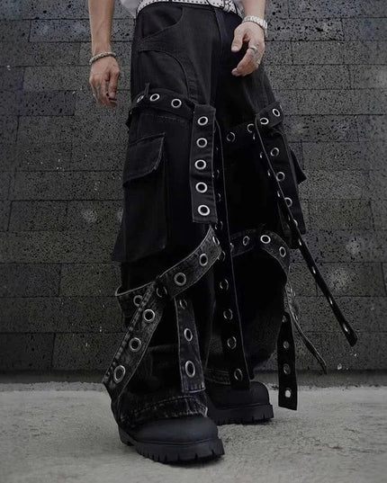 TALKLESSFASHION Dark retro washed shoulder pads ripped denim jacket