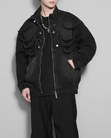 TALKLESSFASHION Dark retro washed shoulder pads ripped denim jacket