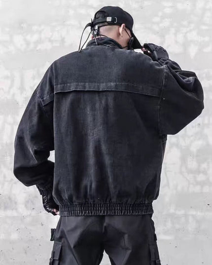 TALKLESSFASHION Dark retro washed shoulder pads ripped denim jacket
