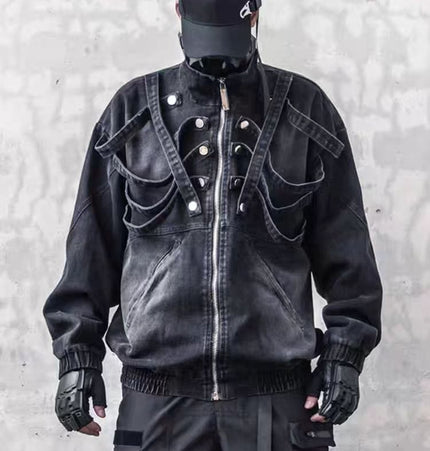 TALKLESSFASHION Dark retro washed shoulder pads ripped denim jacket