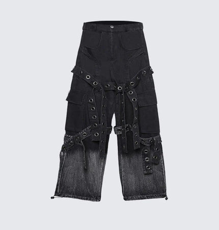 TALKLESSFASHION Dark retro washed shoulder pads ripped denim jacket