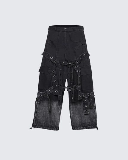 TALKLESSFASHION Dark retro washed shoulder pads ripped denim jacket