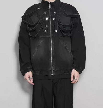 TALKLESSFASHION Dark retro washed shoulder pads ripped denim jacket