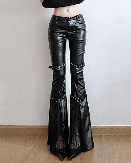 TALKLESSFASHION Dark style corn Japanese button lace spliced leather bell bottoms hot girl street sexy low-waisted slim trousers