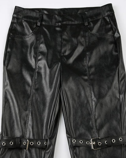 TALKLESSFASHION Dark style corn Japanese button lace spliced leather bell bottoms hot girl street sexy low-waisted slim trousers