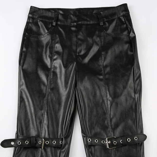 TALKLESSFASHION Dark style corn Japanese button lace spliced leather bell bottoms hot girl street sexy low-waisted slim trousers
